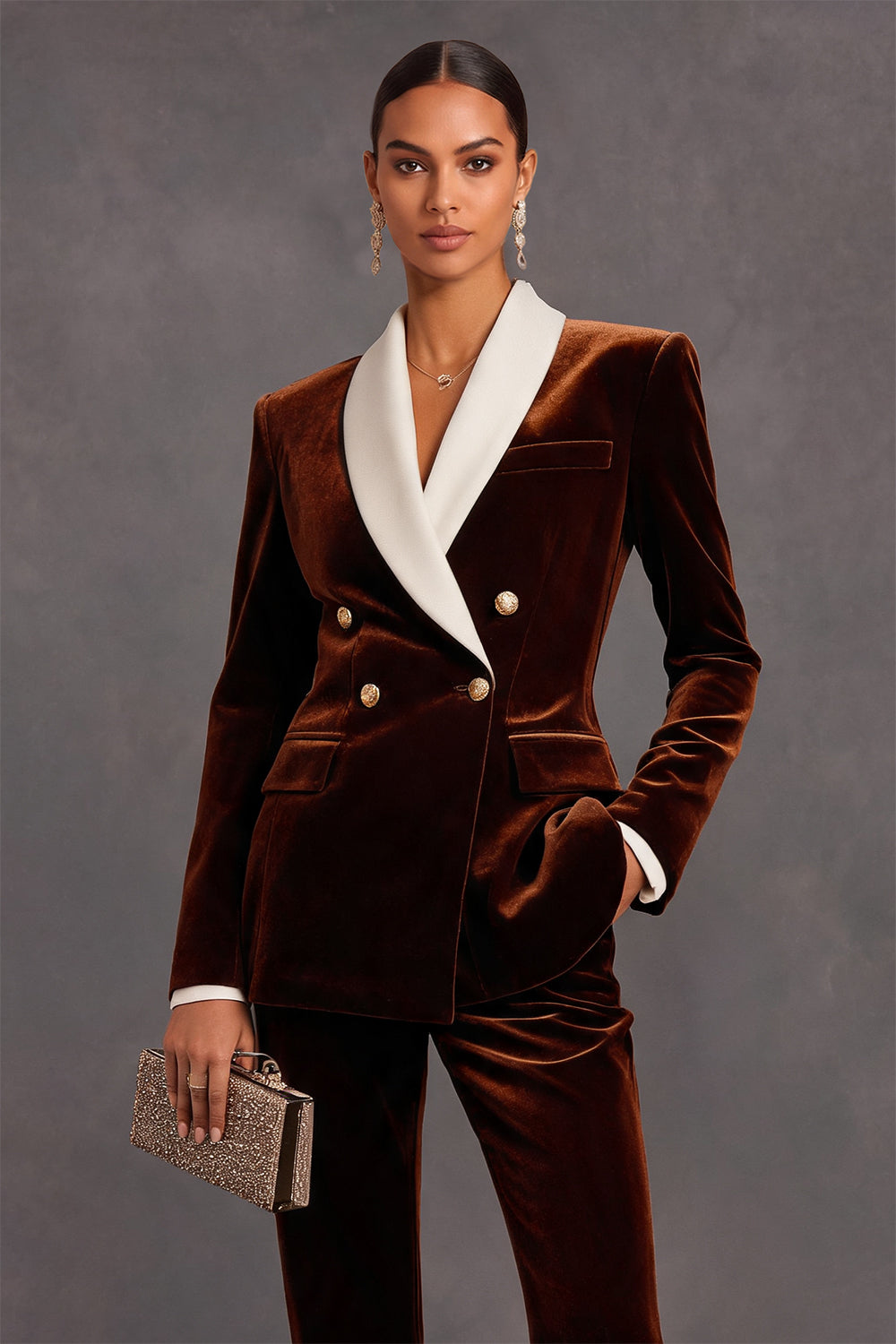 Brown Velvet Shawl Lapel Double Breasted 2 Piece Women Suits with Sleeves