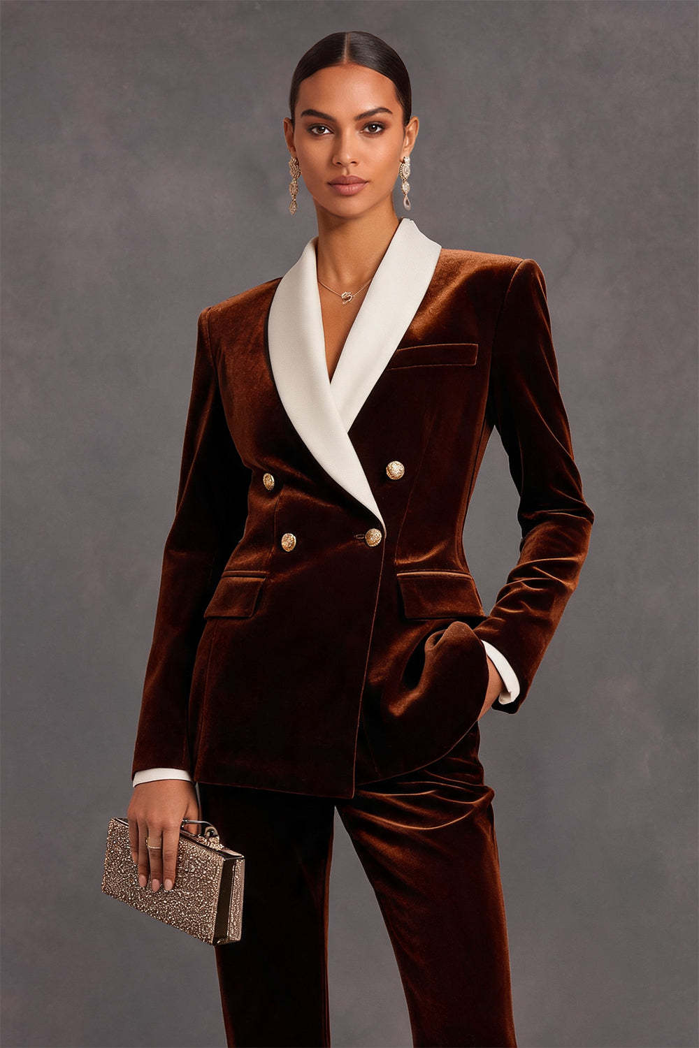 Brown Velvet Shawl Lapel Double Breasted 2 Piece Women Suits with Sleeves