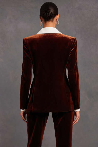 Brown Velvet Shawl Lapel Double Breasted 2 Piece Women Suits with Sleeves