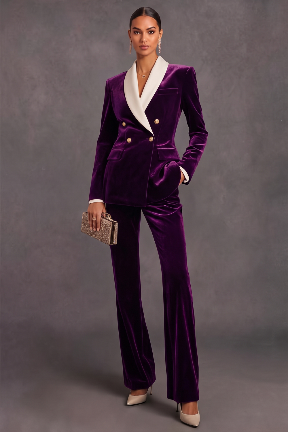 Brown Velvet Shawl Lapel Double Breasted 2 Piece Women Suits with Sleeves