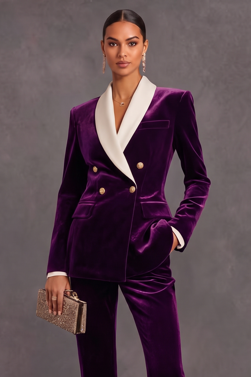 Brown Velvet Shawl Lapel Double Breasted 2 Piece Women Suits with Sleeves