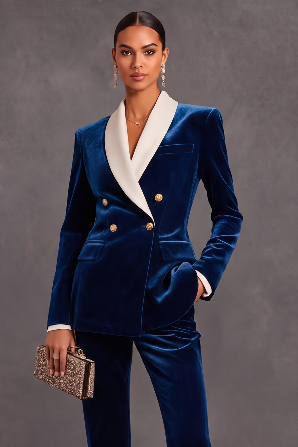 Brown Velvet Shawl Lapel Double Breasted 2 Piece Women Suits with Sleeves