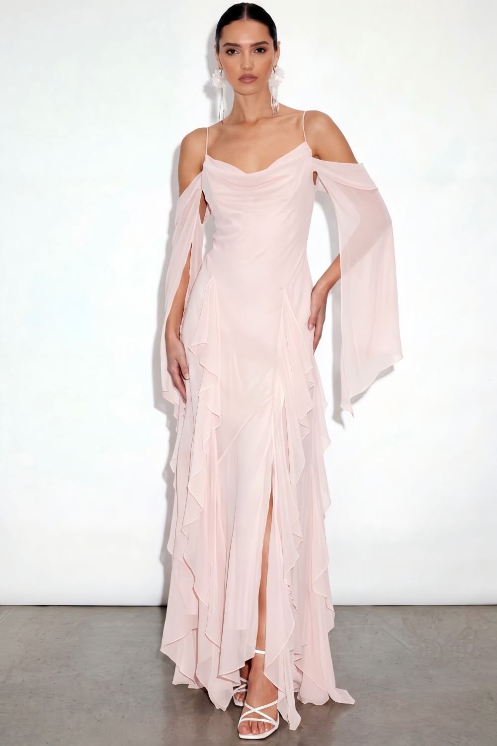 Leely Women Blushing Pink Ruffled Long Formal Dress with Slit Cold Shoulder A Line Prom Dress