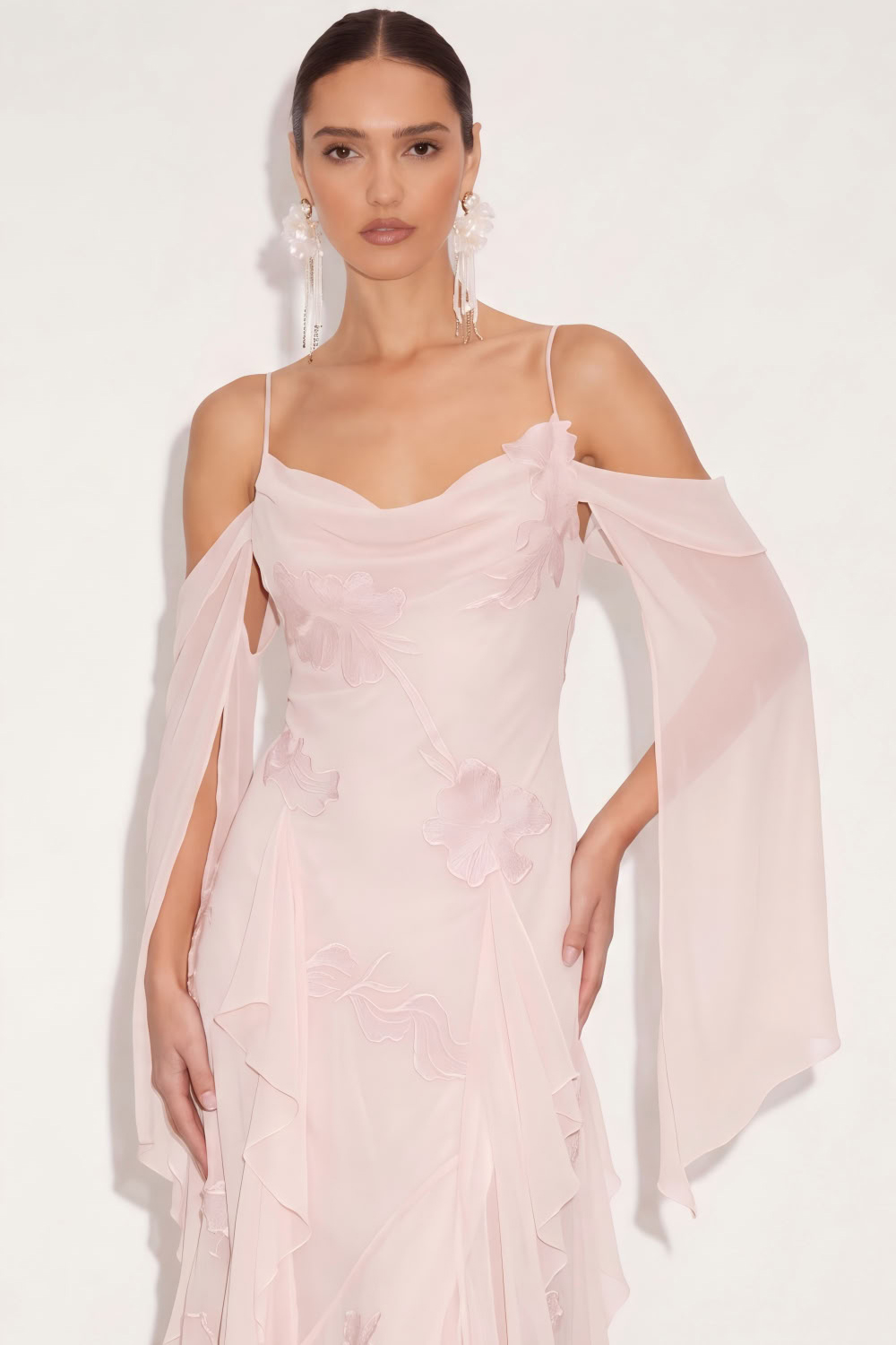 Blushing Pink Ruffled Long Formal Dress with Slit