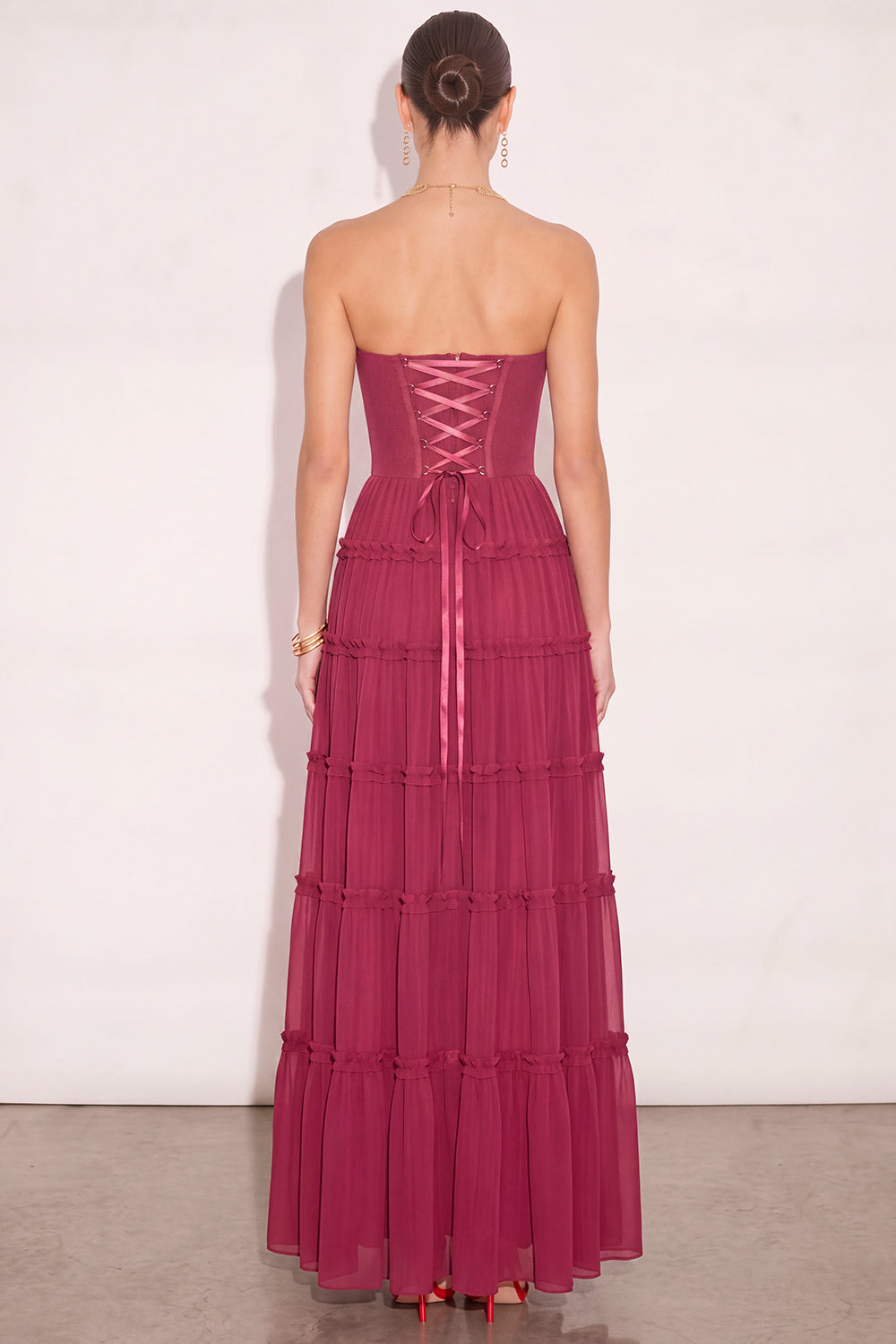Burgundy Strapless Corset Ruffled Long Formal Dress