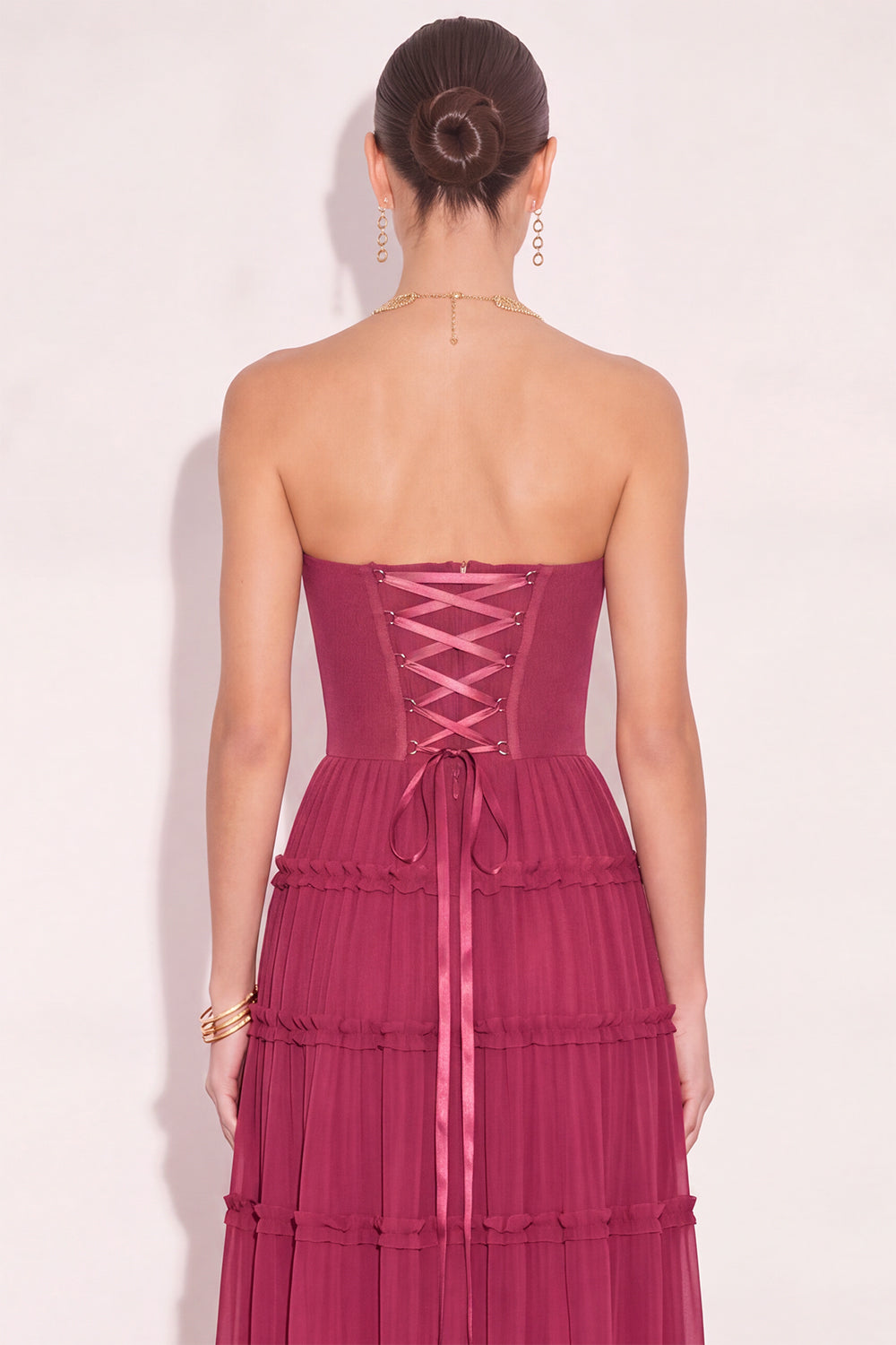 Burgundy Strapless Corset Ruffled Long Formal Dress