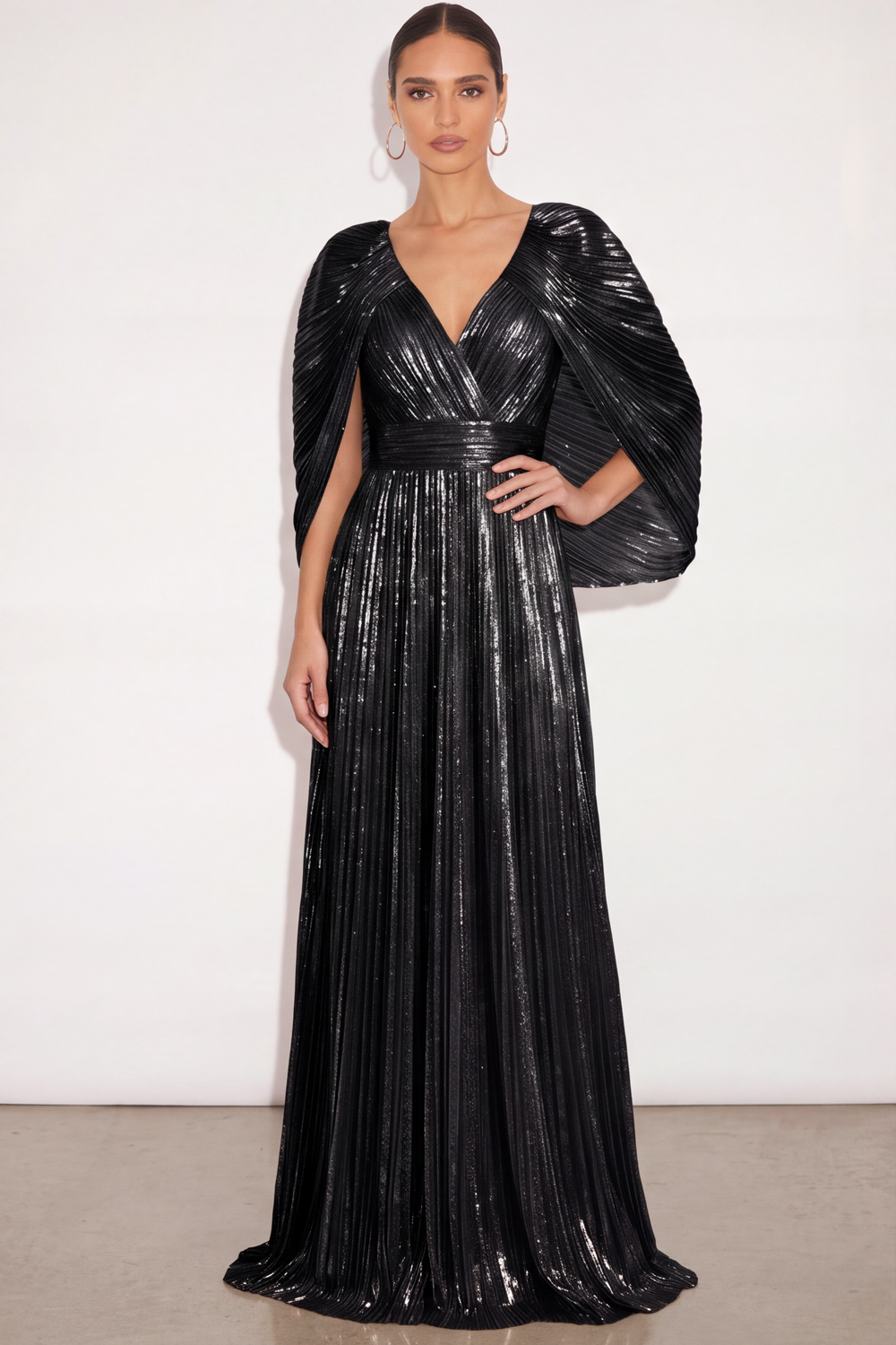 Leely Women Sparkly Black Pleated Long Formal Dress with Cape Metallic V Neck A Line Wedding Guest Dress Fall