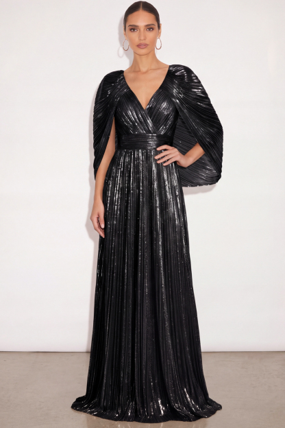 Leely Women Sparkly Black Pleated Long Formal Dress with Cape Metallic V Neck A Line Wedding Guest Dress Fall