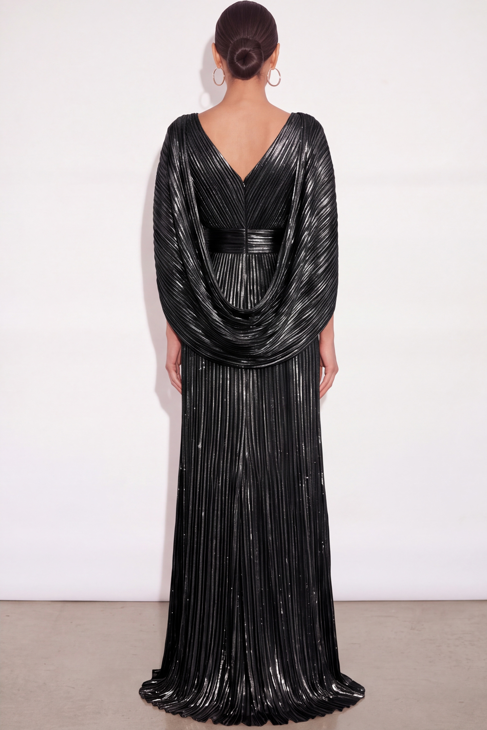 Sparkly Golden A Line V Neck Pleated Maxi Formal Dress with Cape
