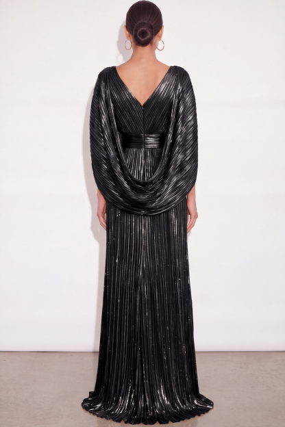 Sparkly Golden A Line V Neck Pleated Maxi Formal Dress with Cape