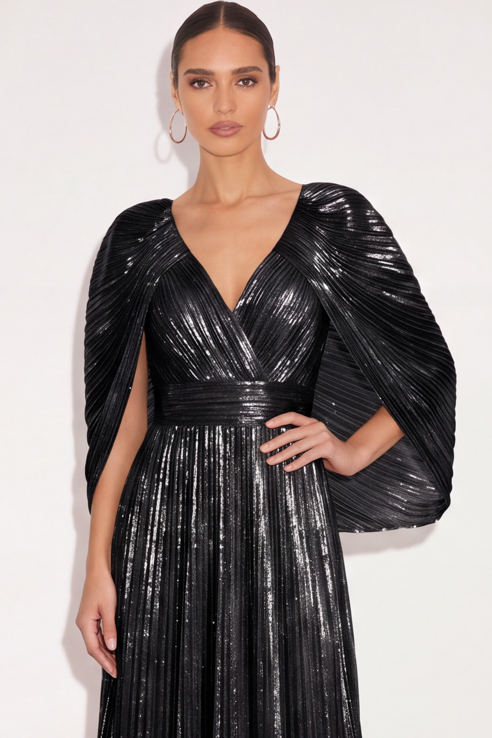 Leely Women Sparkly Golden Pleated Long Formal Dress with Cape Metallic V Neck A Line Wedding Guest Dress