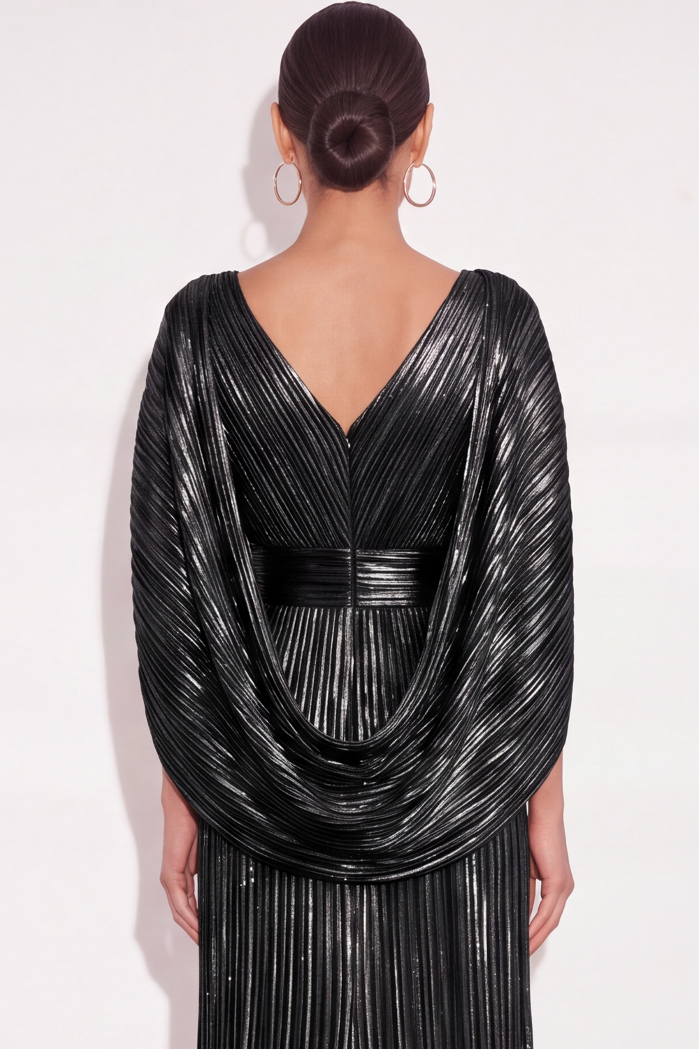 Sparkly Golden A Line V Neck Pleated Maxi Formal Dress with Cape