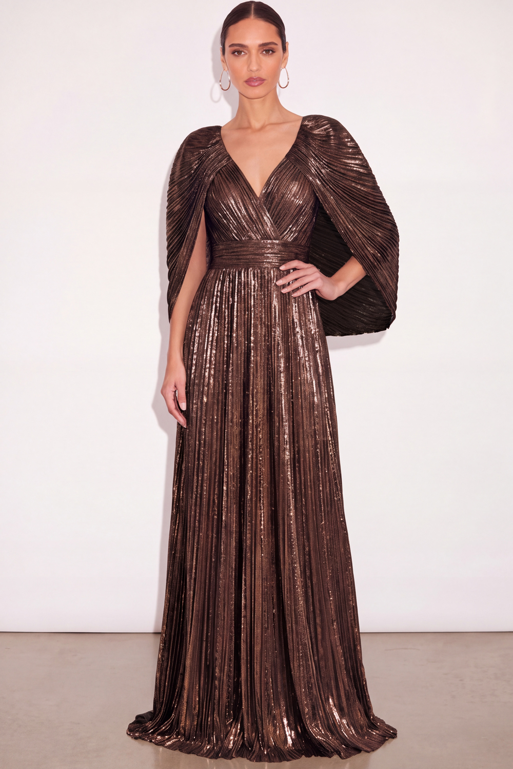 Leely Women Sparkly Brown Pleated Long Formal Dress with Cape Metallic V Neck A Line Wedding Guest Dress Fall