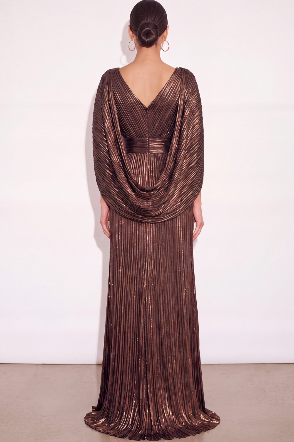 Sparkly Golden A Line V Neck Pleated Long Formal Dress with Cape