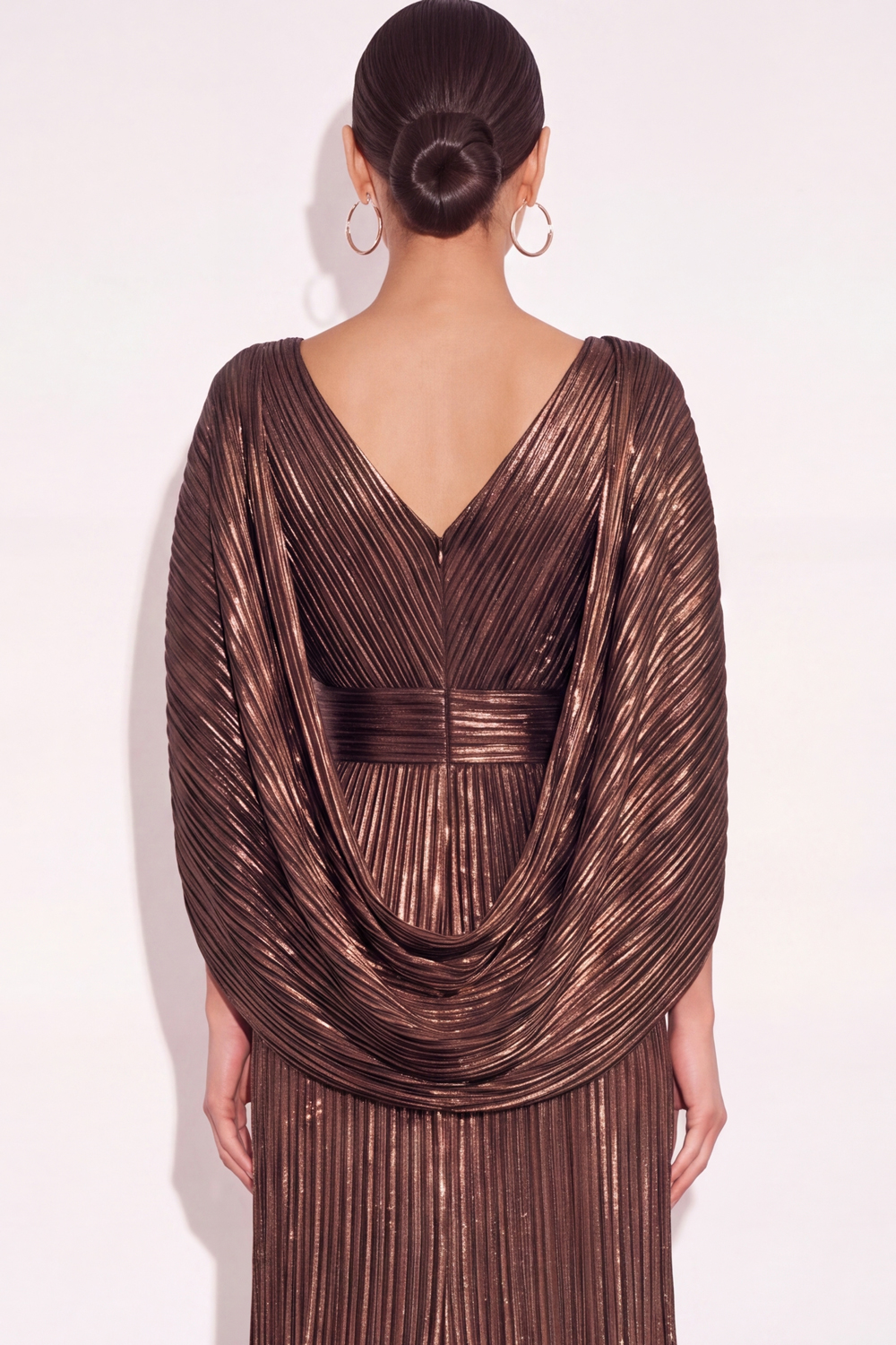 Sparkly Golden A Line V Neck Pleated Long Formal Dress with Cape