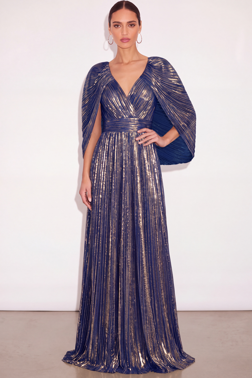Leely Women Sparkly Dark Blue Pleated Long Formal Dress with Cape Metallic V Neck A Line Wedding Guest Dress Fall
