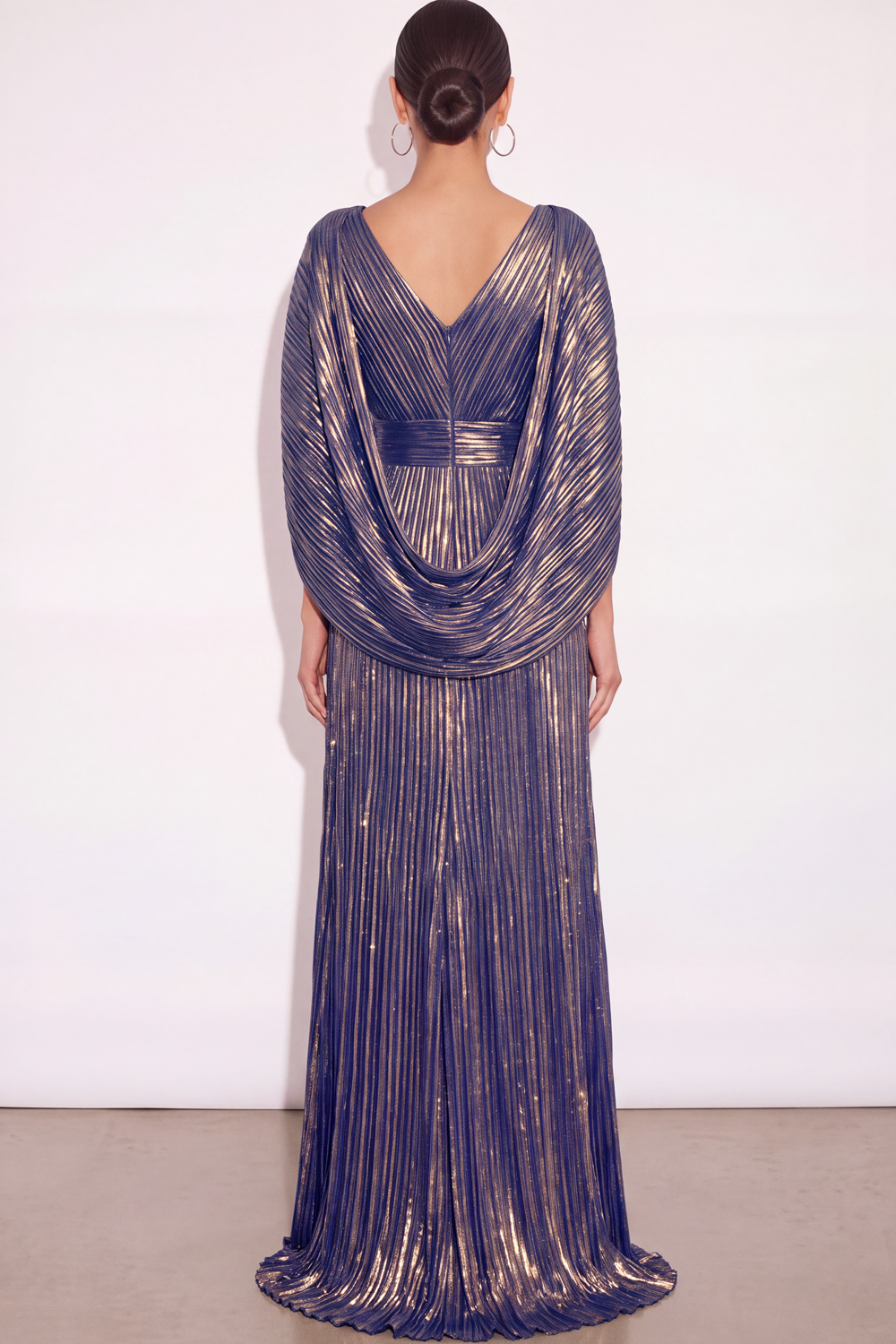 Sparkly Golden A Line V Neck Pleated Long Formal Dress with Cape