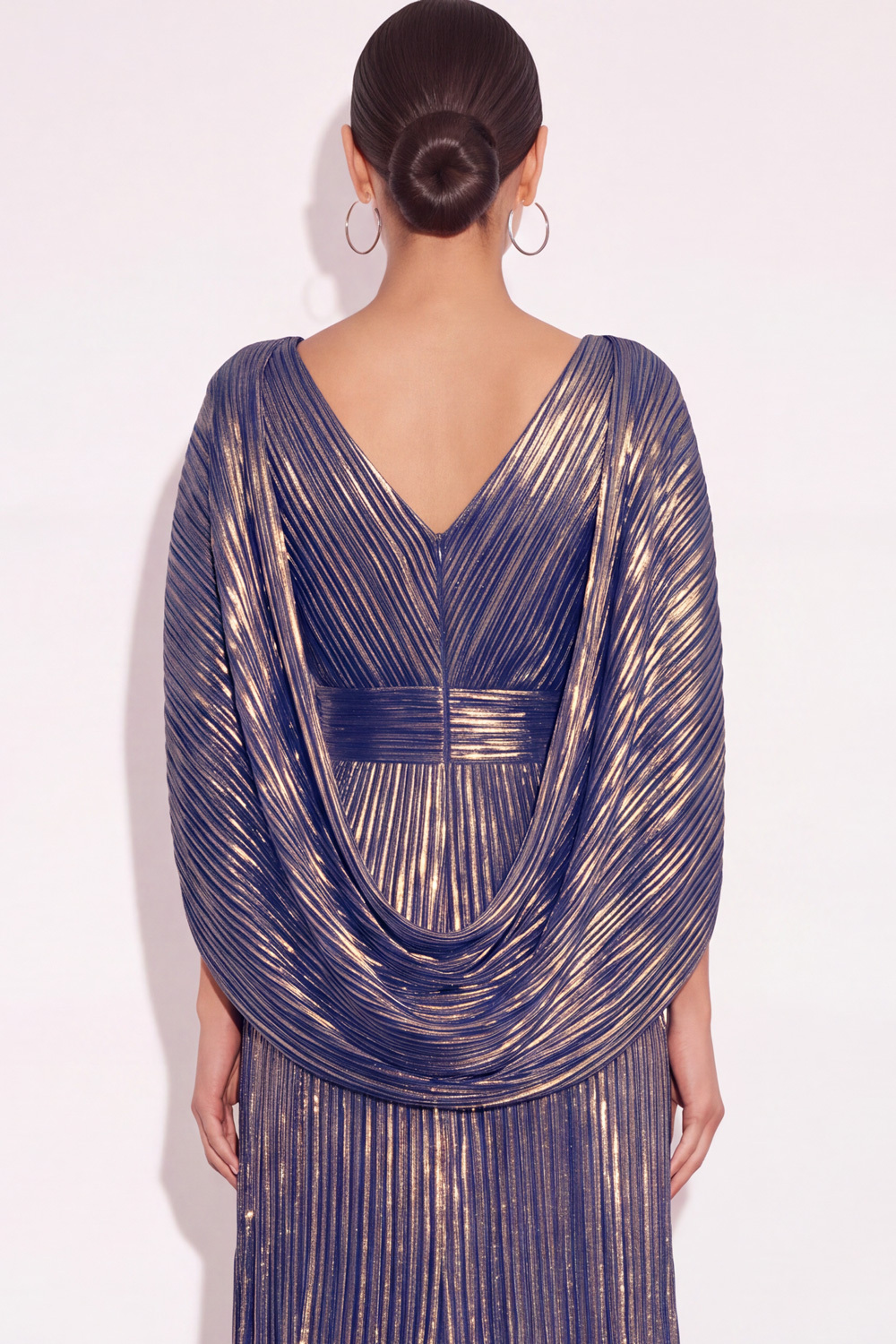 Sparkly Golden A Line V Neck Pleated Long Formal Dress with Cape
