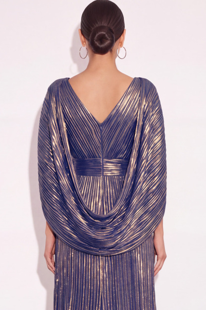 Sparkly Golden A Line V Neck Pleated Long Formal Dress with Cape