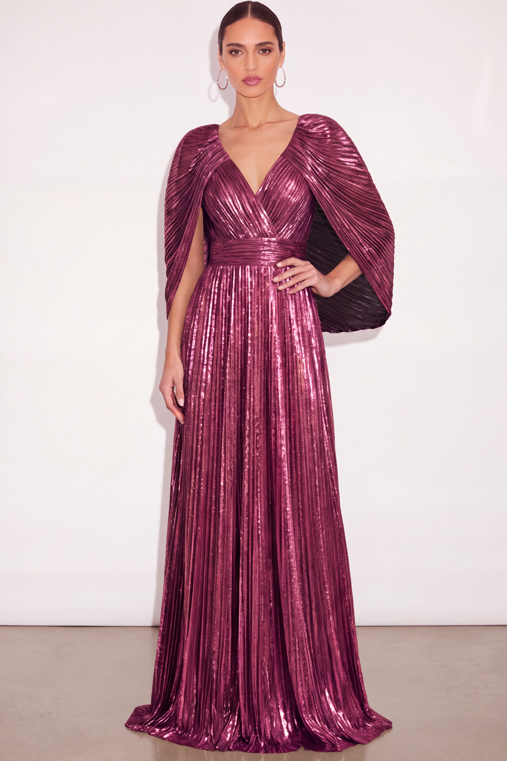 Leely Women Sparkly Dark Pink Pleated Long Formal Dress with Cape Metallic V Neck A Line Wedding Guest Dress Fall