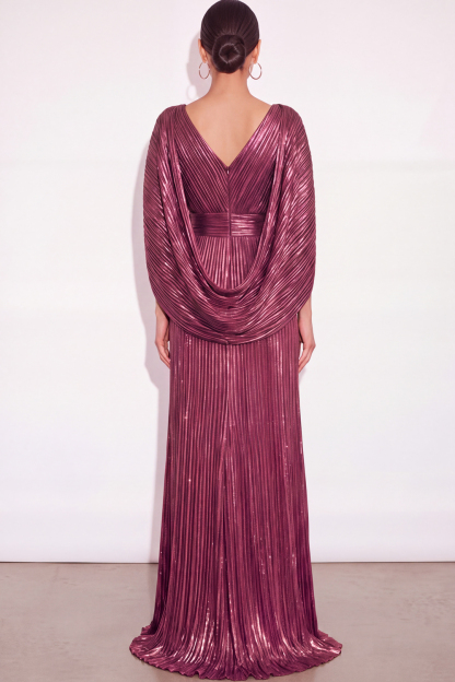 Sparkly Golden A Line V Neck Pleated Long Formal Dress with Cape