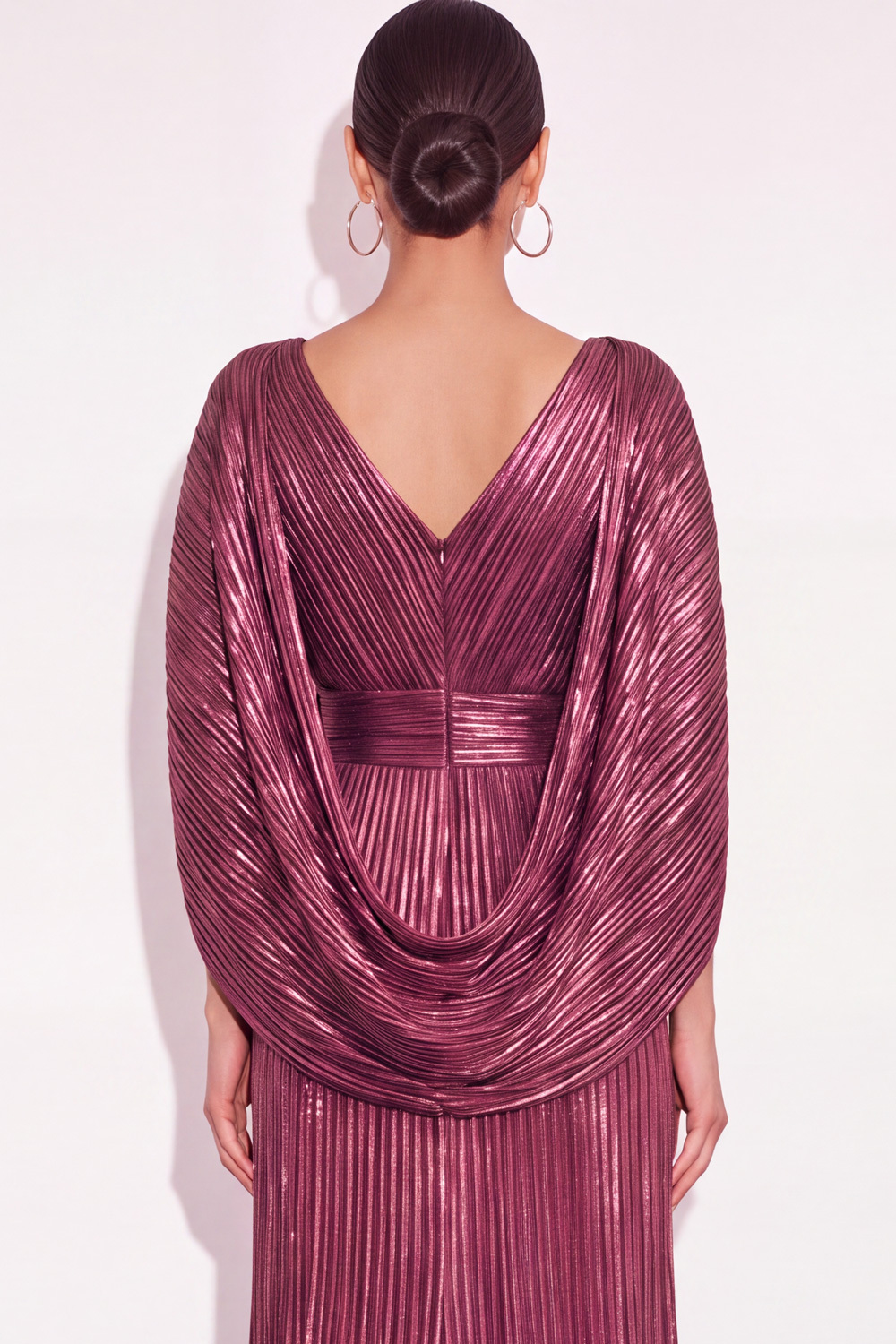 Sparkly Golden A Line V Neck Pleated Long Formal Dress with Cape