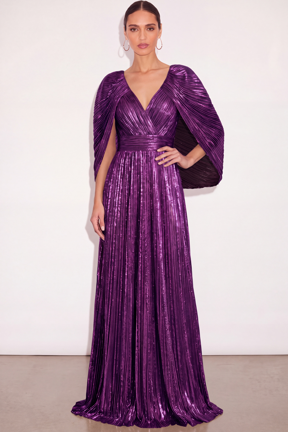 Leely Women Sparkly Dark Purple Pleated Long Formal Dress with Cape Metallic V Neck A Line Wedding Guest Dress Fall