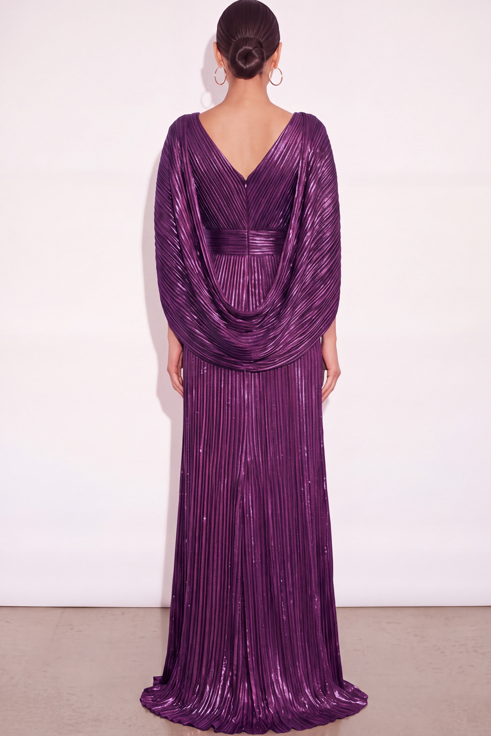 Sparkly Golden A Line V Neck Pleated Long Formal Dress with Cape