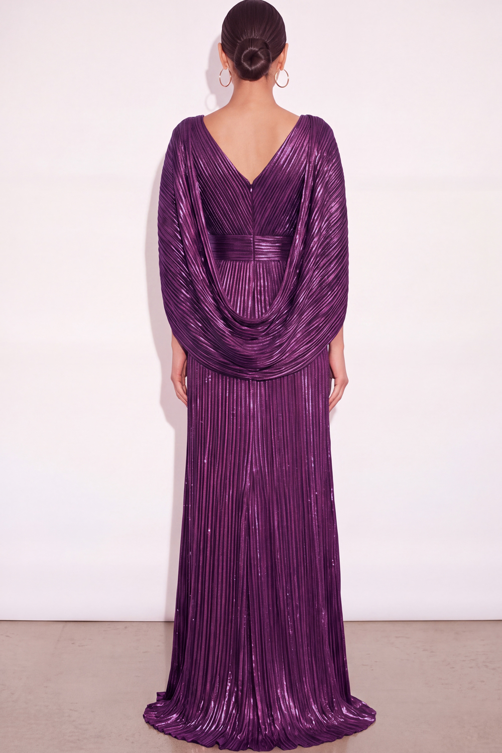 Sparkly Golden A Line V Neck Pleated Long Formal Dress with Cape