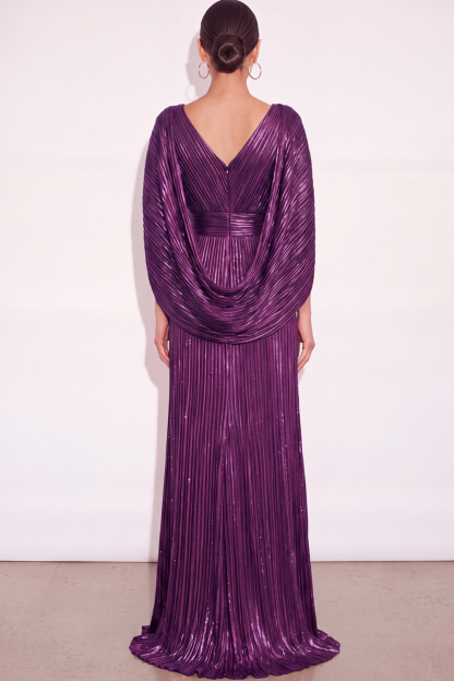 Sparkly Golden A Line V Neck Pleated Long Formal Dress with Cape