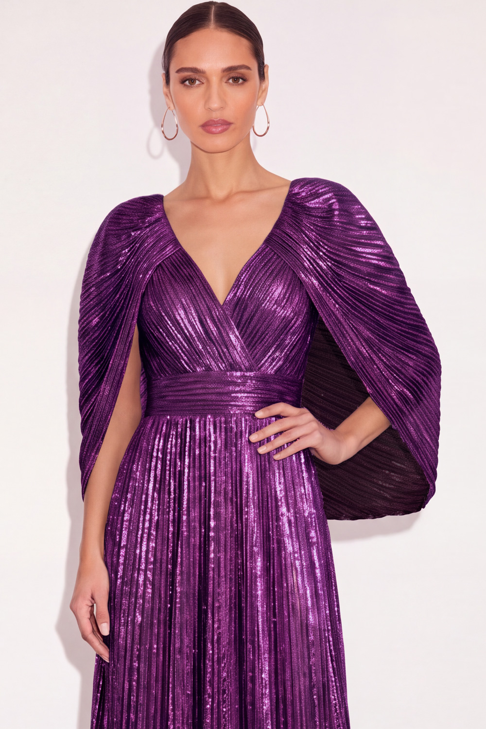 Sparkly Golden A Line V Neck Pleated Long Formal Dress with Cape