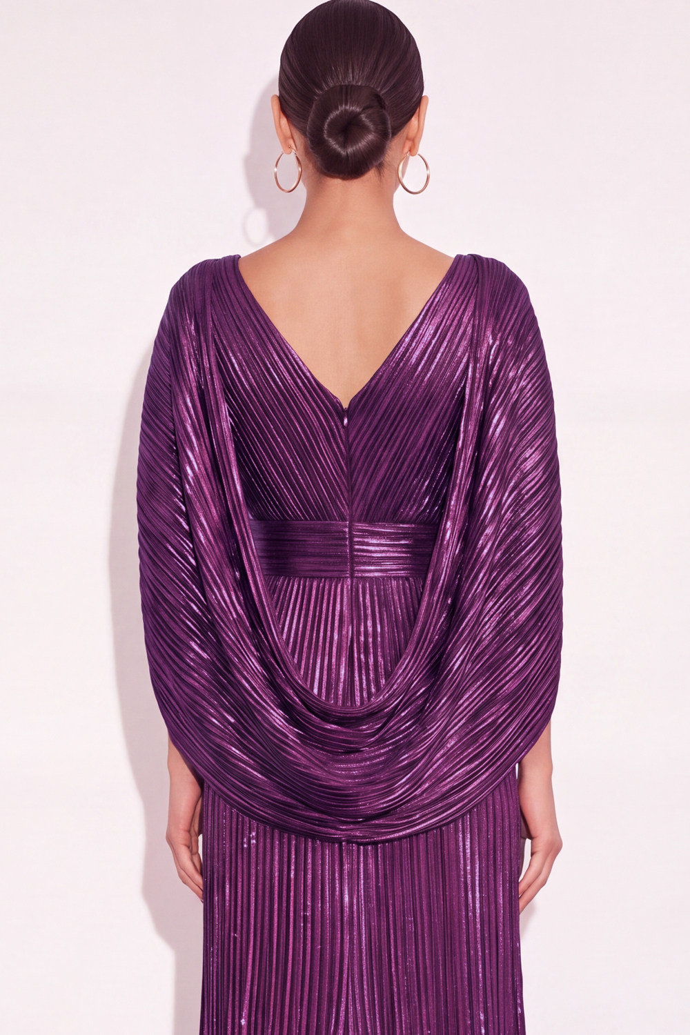 Sparkly Golden A Line V Neck Pleated Long Formal Dress with Cape