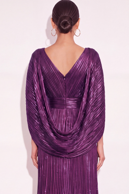 Sparkly Golden A Line V Neck Pleated Long Formal Dress with Cape
