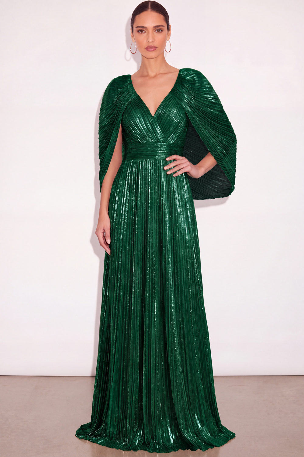 Leely Women Sparkly Green Pleated Long Formal Dress with Cape Metallic V Neck A Line Wedding Guest Dress Fall
