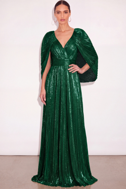 Leely Women Sparkly Green Pleated Long Formal Dress with Cape Metallic V Neck A Line Wedding Guest Dress Fall