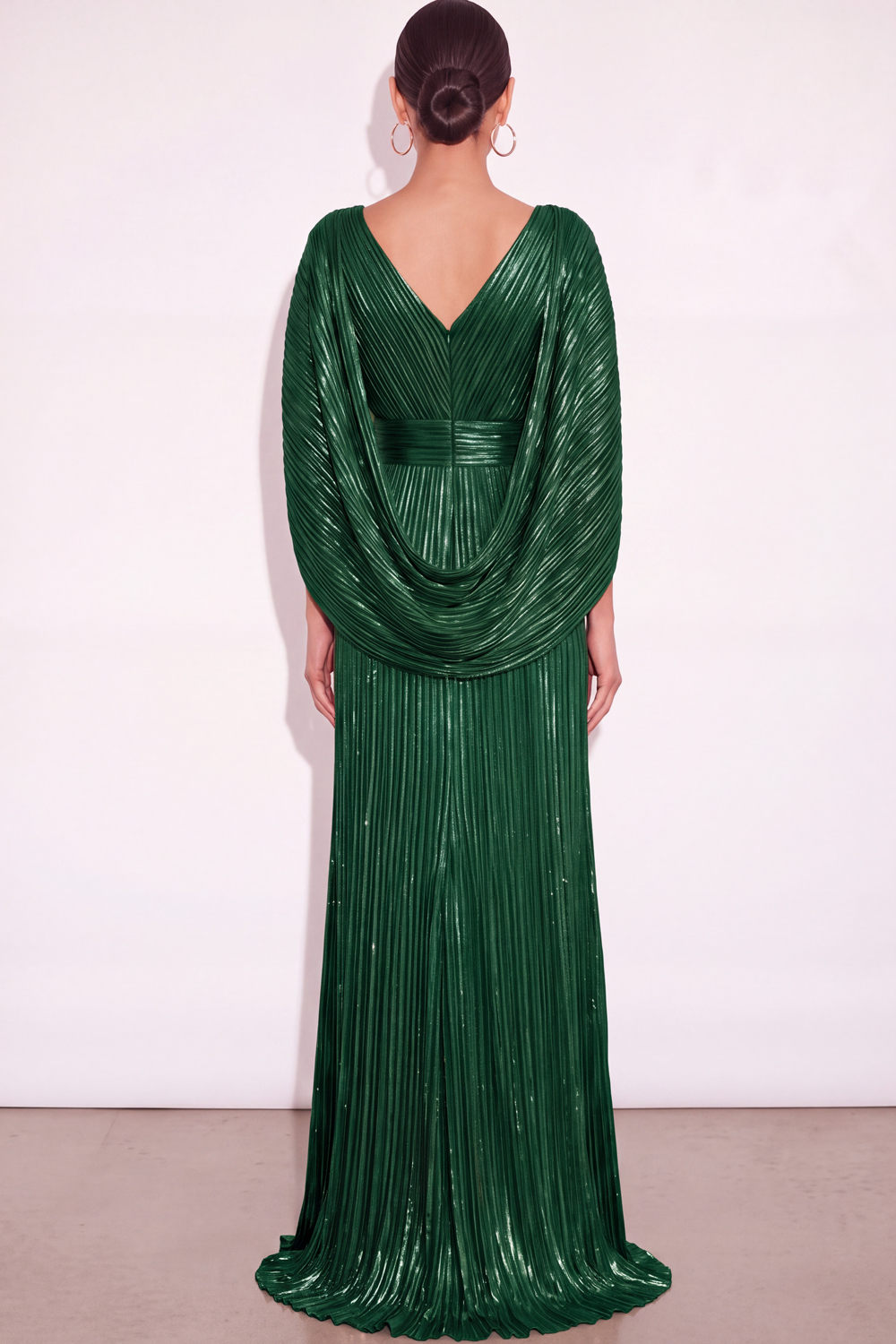 Sparkly Golden A Line V Neck Pleated Long Formal Dress with Cape