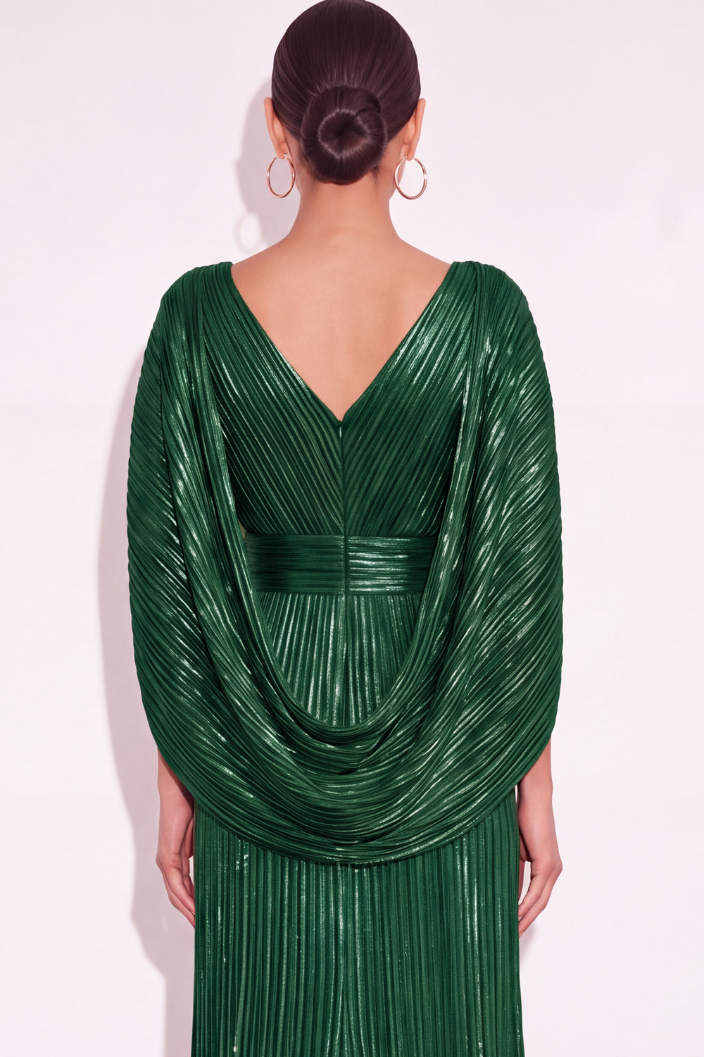 Sparkly Golden A Line V Neck Pleated Long Formal Dress with Cape