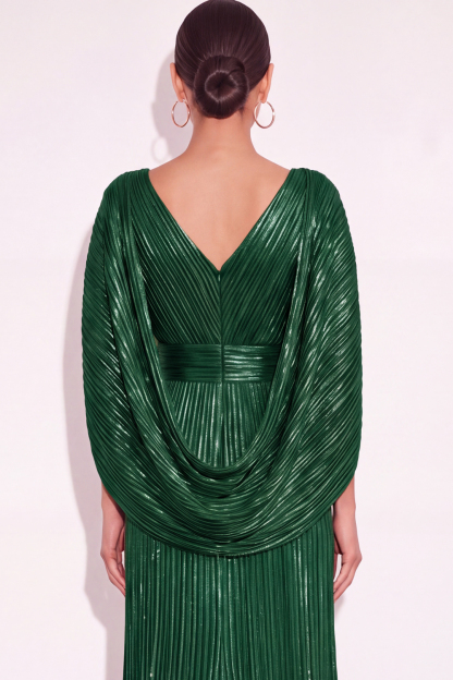 Sparkly Golden A Line V Neck Pleated Long Formal Dress with Cape