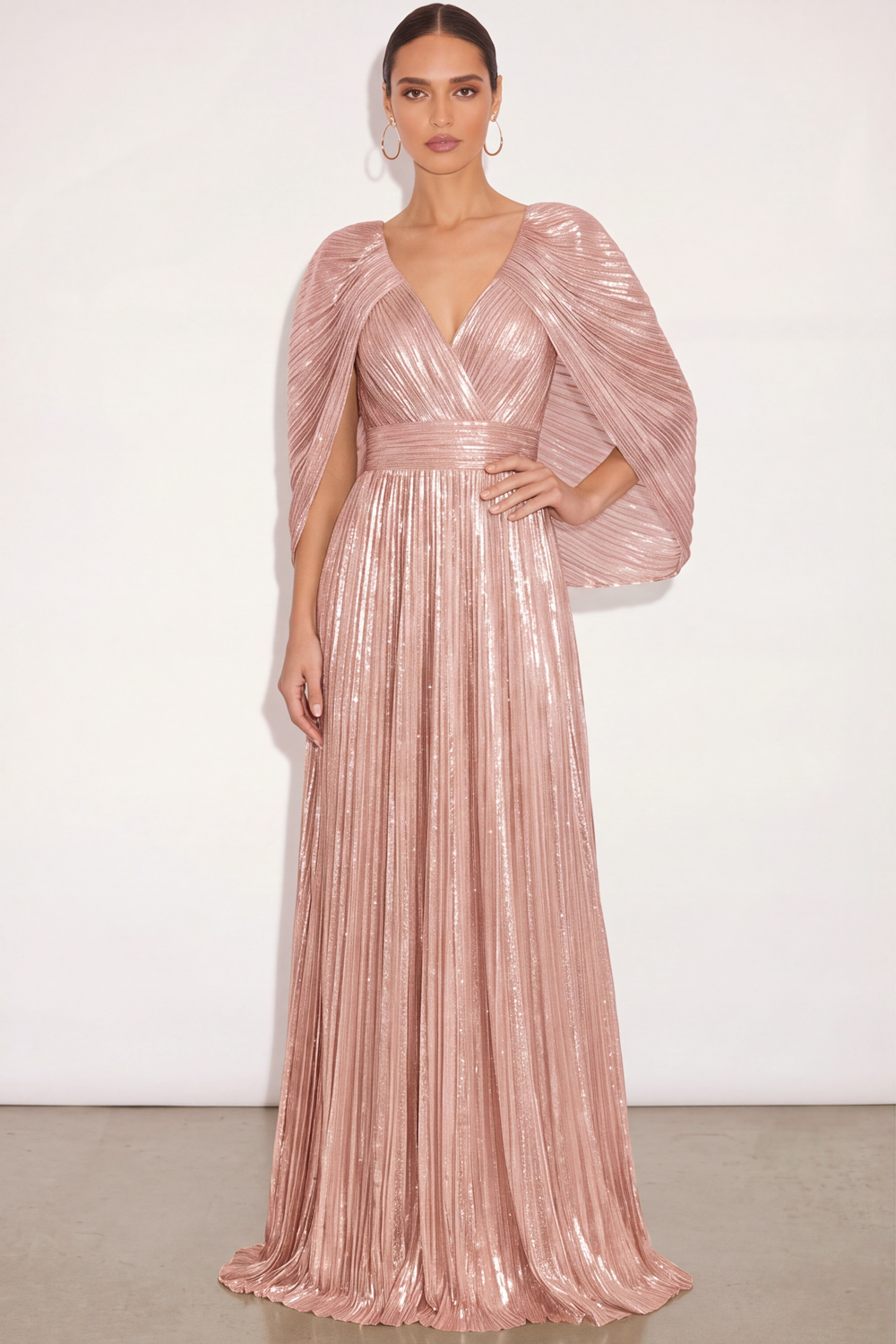 Leely Women Sparkly Pink Pleated Long Formal Dress with Cape Metallic V Neck A Line Wedding Guest Dress Fall