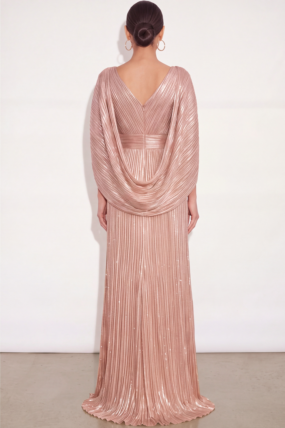 Sparkly Golden A Line V Neck Pleated Maxi Formal Dress with Cape