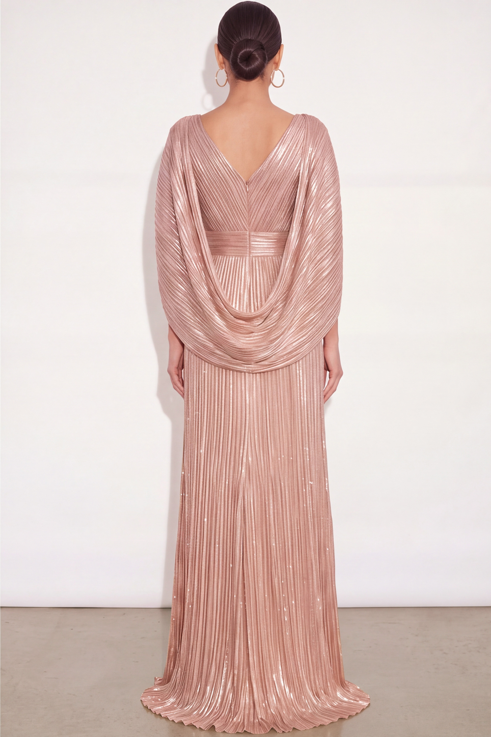 Sparkly Golden A Line V Neck Pleated Maxi Formal Dress with Cape