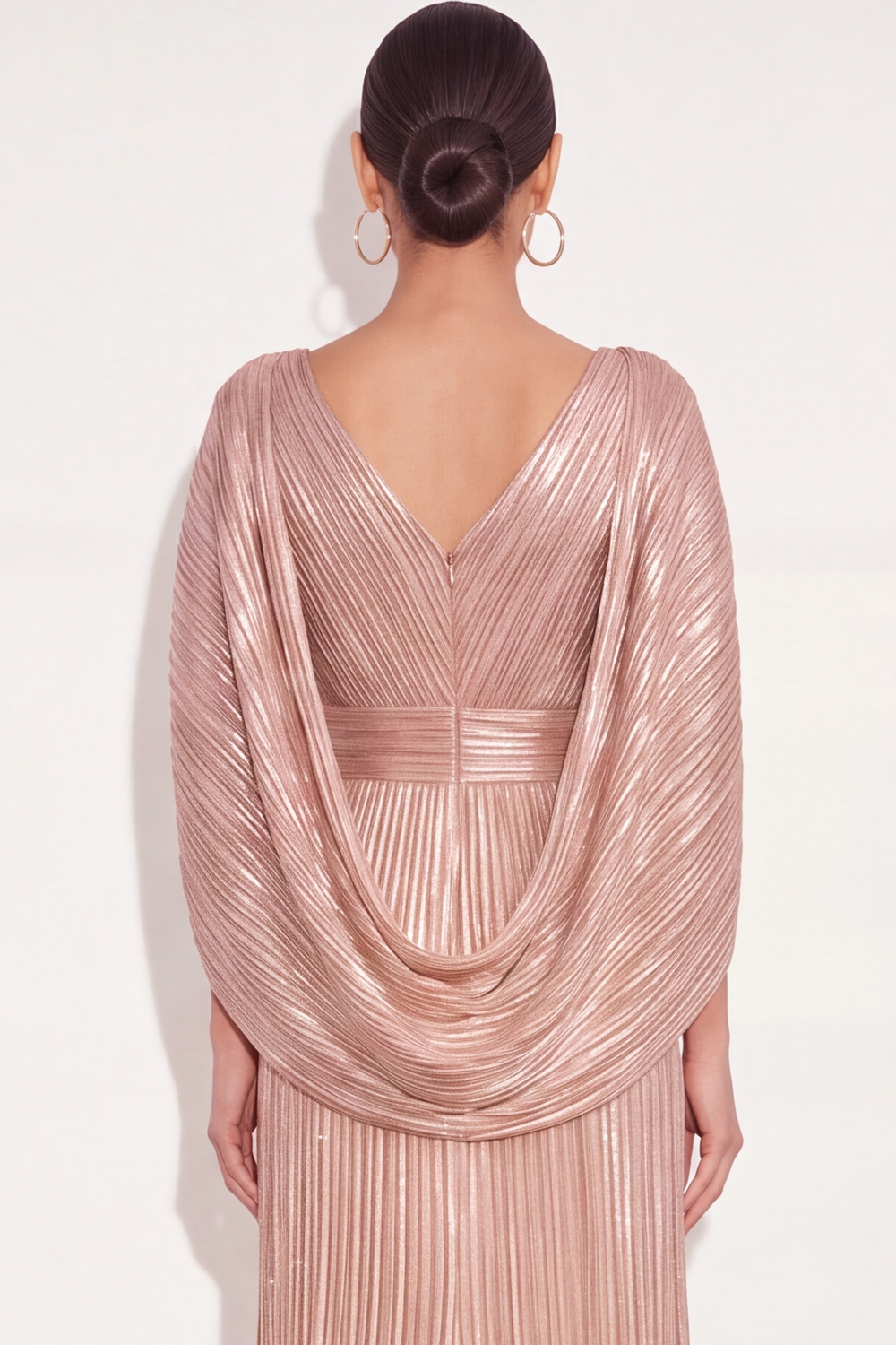 Sparkly Golden A Line V Neck Pleated Maxi Formal Dress with Cape