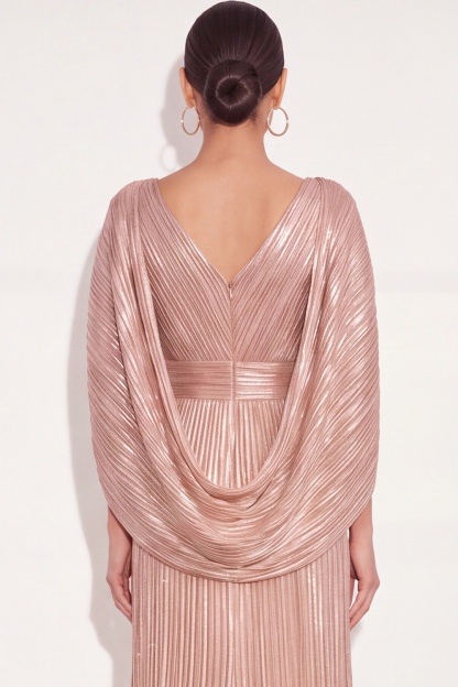 Sparkly Golden A Line V Neck Pleated Maxi Formal Dress with Cape