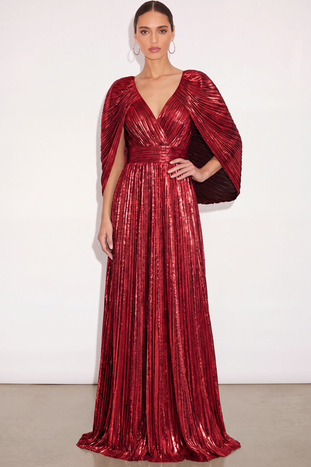 Leely Women Sparkly Red Pleated Long Formal Dress with Cape Metallic V Neck A Line Wedding Guest Dress Fall