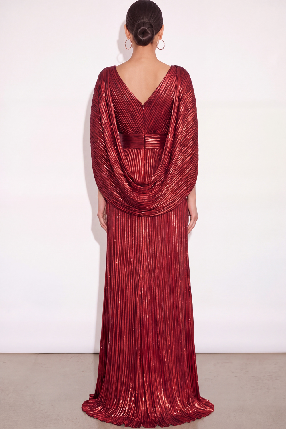Sparkly Golden A Line V Neck Pleated Long Formal Dress with Cape
