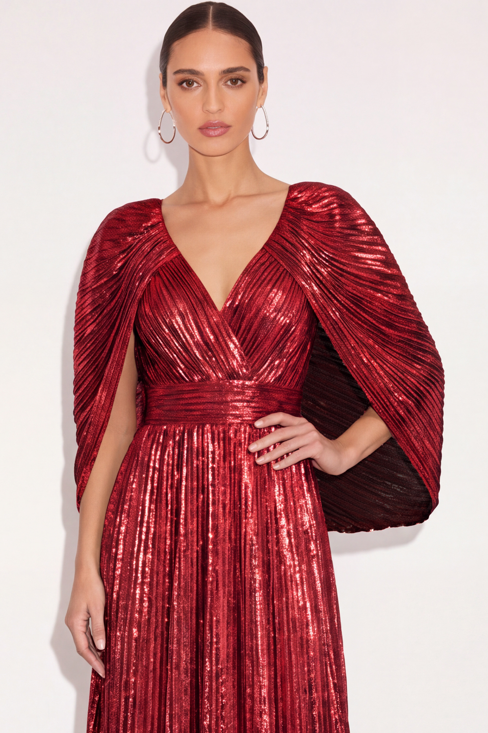 Sparkly Golden A Line V Neck Pleated Long Formal Dress with Cape