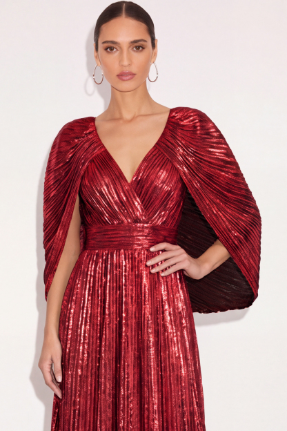 Sparkly Golden A Line V Neck Pleated Long Formal Dress with Cape