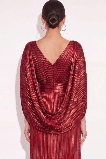 Sparkly Golden A Line V Neck Pleated Long Formal Dress with Cape
