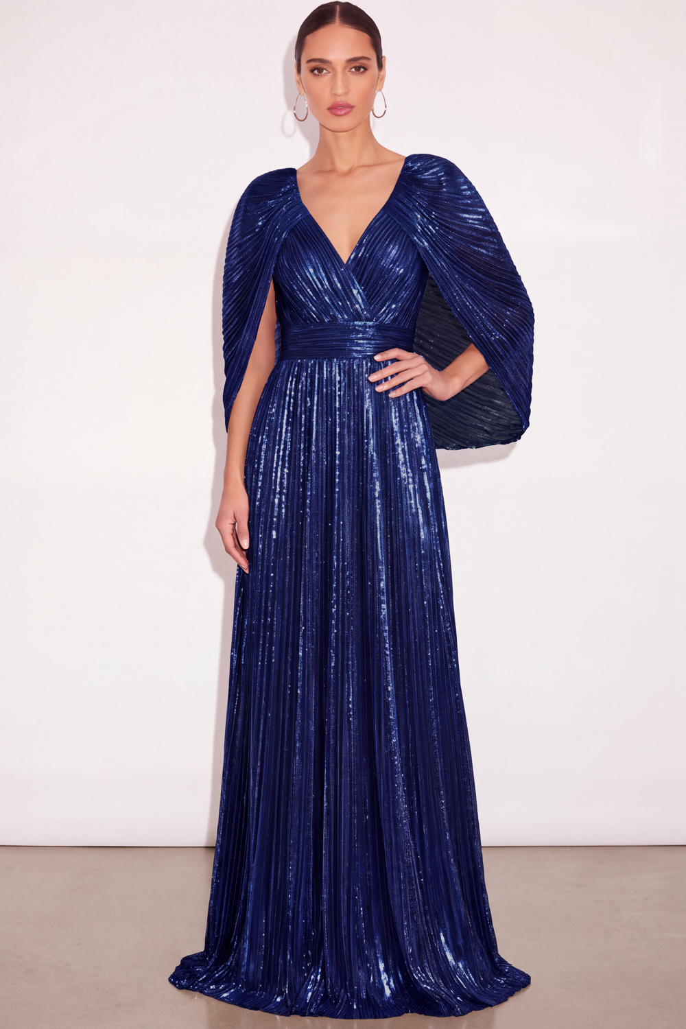 Leely Women Sparkly Royal Blue Pleated Long Formal Dress with Cape Metallic V Neck A Line Wedding Guest Dress Fall
