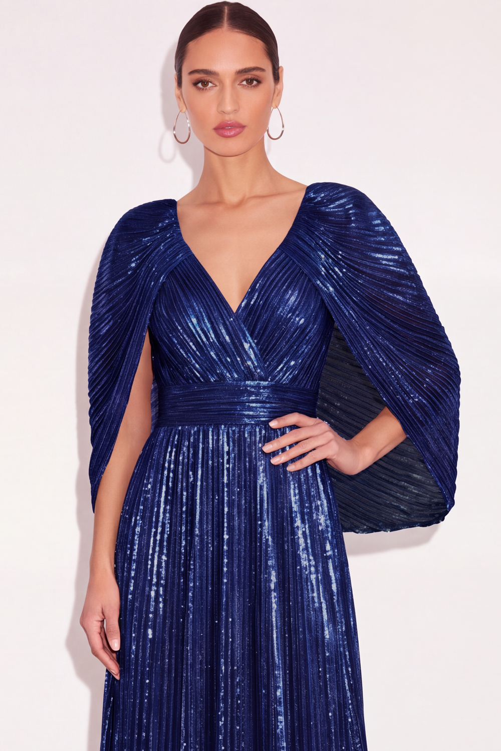Sparkly Golden A Line V Neck Pleated Long Formal Dress with Cape
